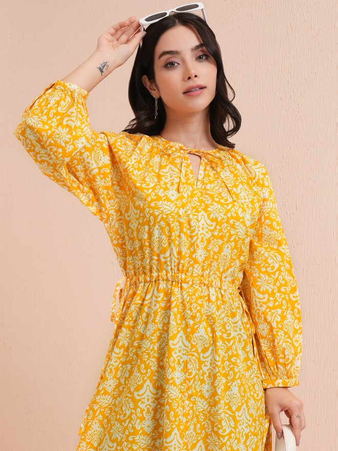 Tokyo Talkies Women Yellow Printed Fit And Flare Dress - Yellow - Image 1