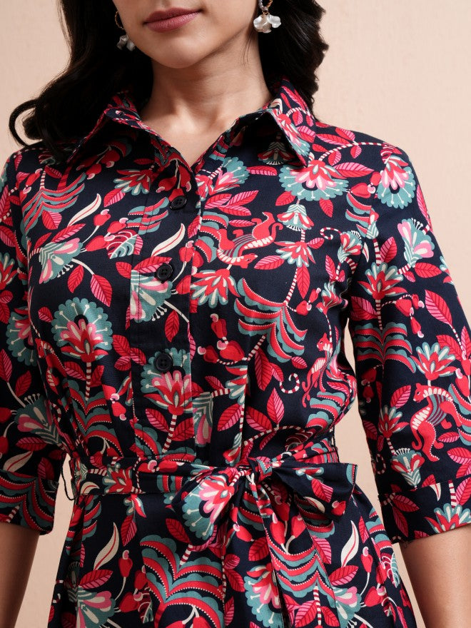 Tokyo Talkies Women Blue Printed Shirt Dress - Blue - Image 5