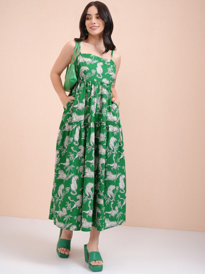Tokyo Talkies Women Green Printed Fit And Flare Dress - Green - Image 2