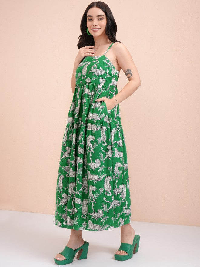 Tokyo Talkies Women Green Printed Fit And Flare Dress - Green - Image 4