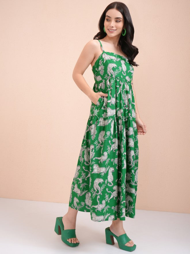 Tokyo Talkies Women Green Printed Fit And Flare Dress - Green - Image 6