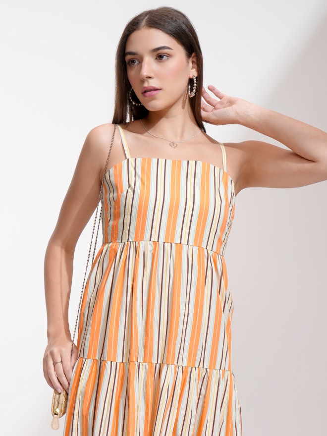 Tokyo Talkies Women Orange Striped A-Line Dress - Orange - Image 1