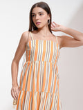 Tokyo Talkies Women Orange Striped A-Line Dress - Orange - Image 1
