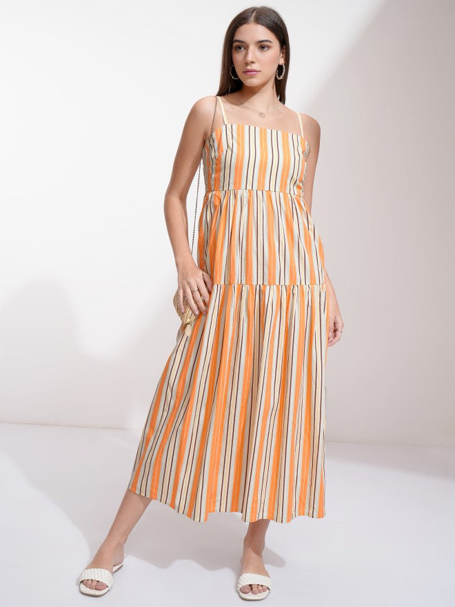 Tokyo Talkies Women Orange Striped A-Line Dress - Orange - Image 2