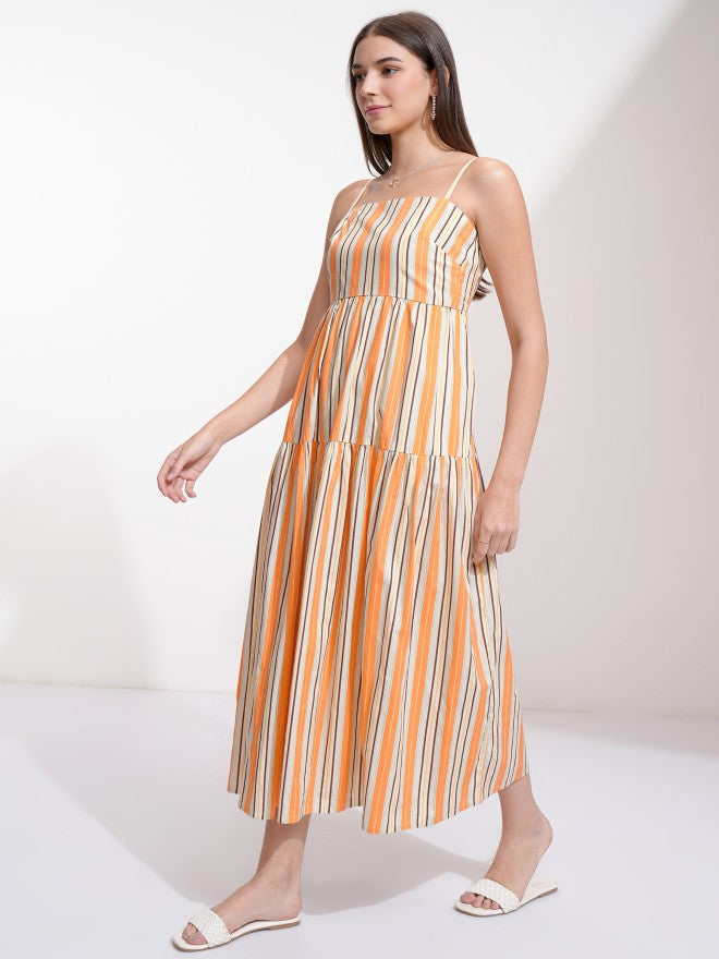 Tokyo Talkies Women Orange Striped A-Line Dress - Orange - Image 4