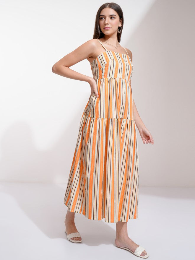 Tokyo Talkies Women Orange Striped A-Line Dress - Orange - Image 6