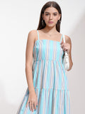 Tokyo Talkies Women Blue Striped Fit And Flare Dress - Blue - Image 1