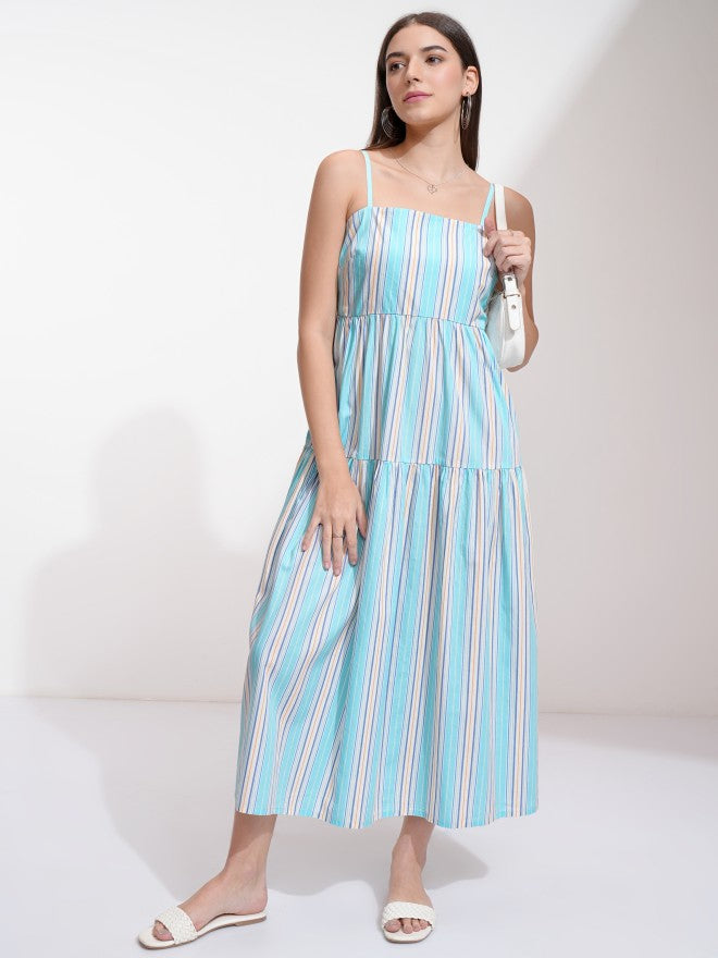 Tokyo Talkies Women Blue Striped Fit And Flare Dress - Blue - Image 2