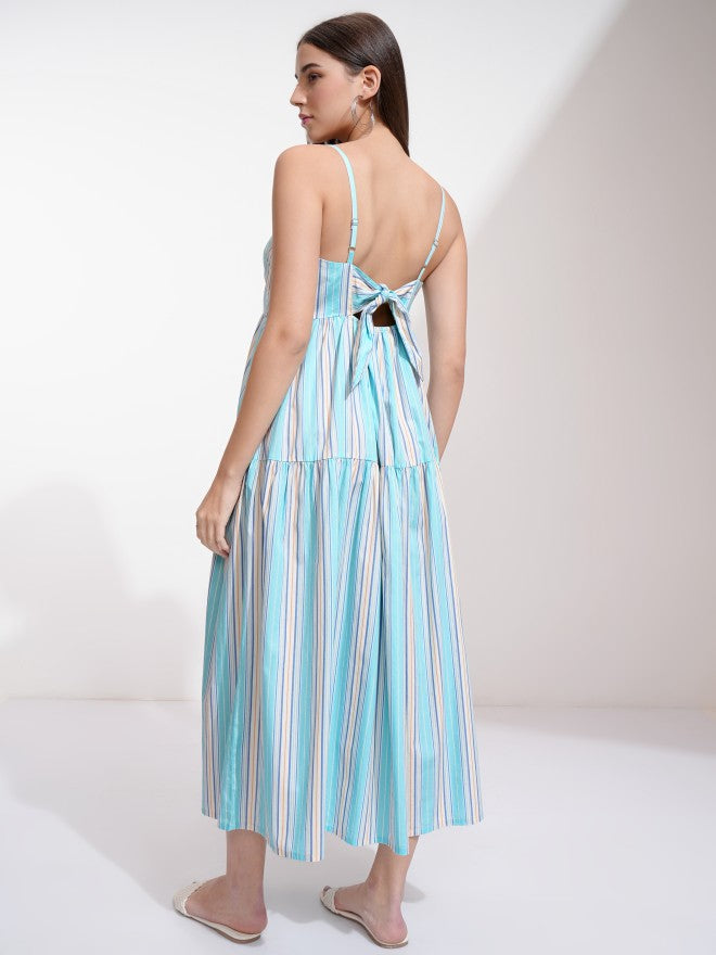 Tokyo Talkies Women Blue Striped Fit And Flare Dress - Blue - Image 3