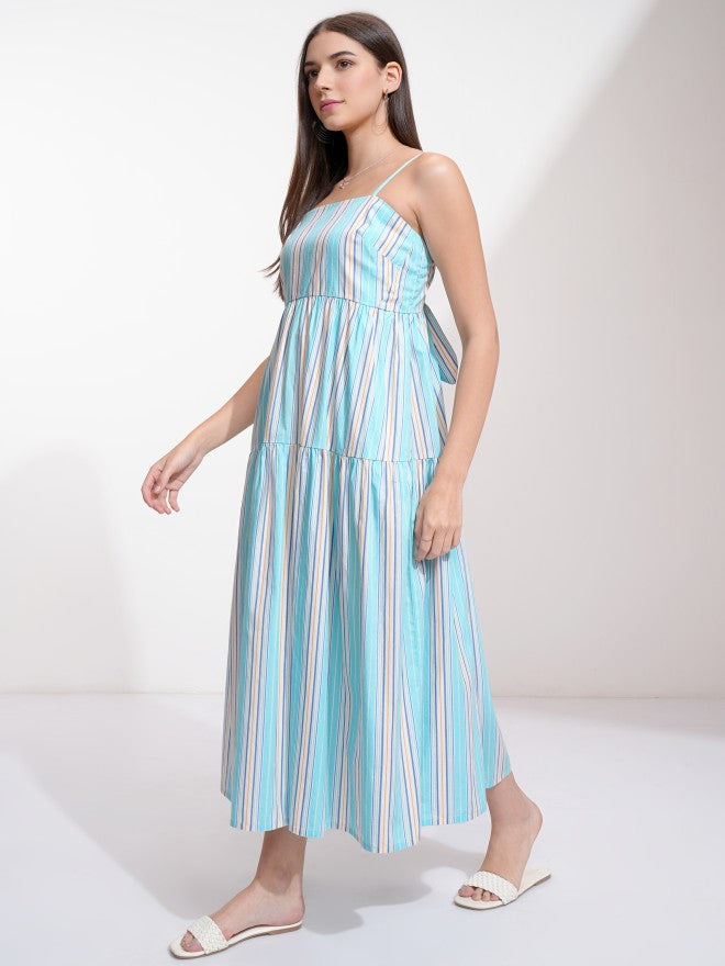 Tokyo Talkies Women Blue Striped Fit And Flare Dress - Blue - Image 4