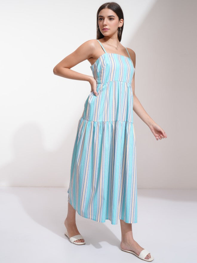 Tokyo Talkies Women Blue Striped Fit And Flare Dress - Blue - Image 6