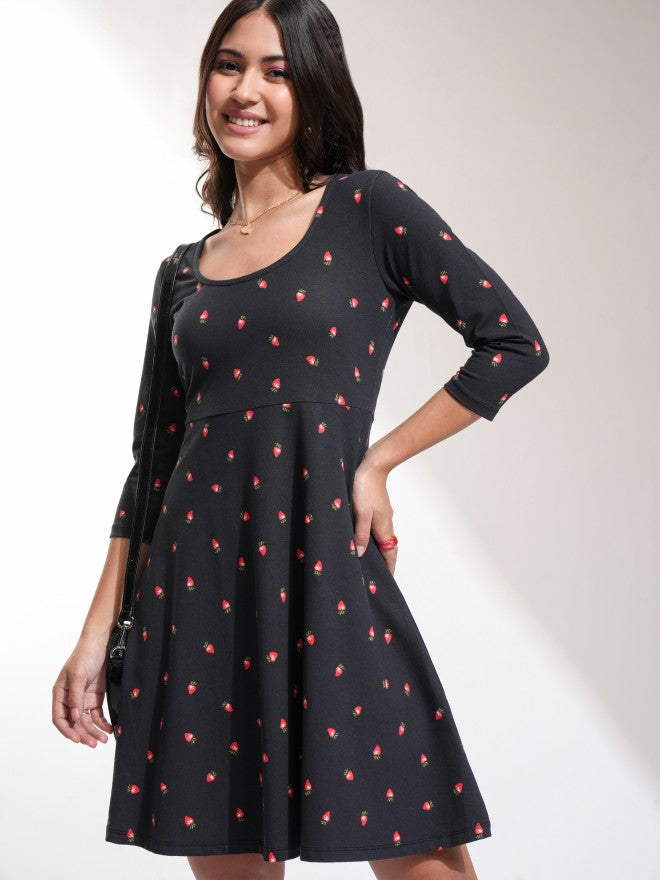 Tokyo Talkies Women Black Printed Fit And Flare Dress - Black - Image 1
