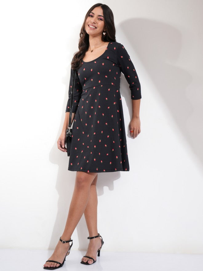 Tokyo Talkies Women Black Printed Fit And Flare Dress - Black - Image 2