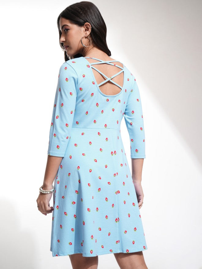 Tokyo Talkies Women Blue Printed A-Line Dress - Blue - Image 3
