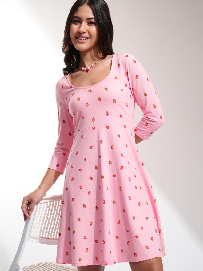 Tokyo Talkies Women Pink Printed Fit And Flare Dress - Pink - Image 1