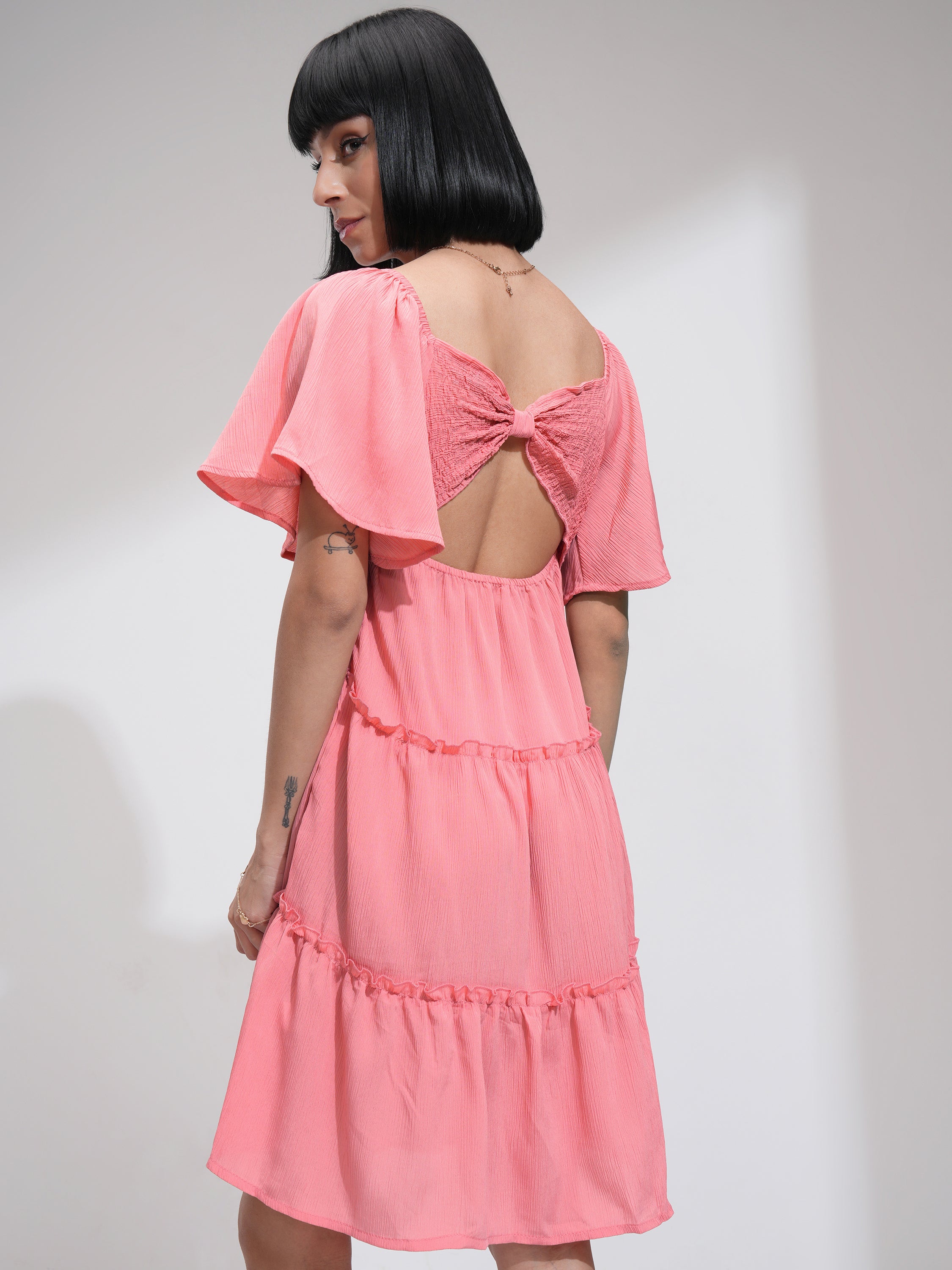 Tokyo Talkies Women Peach Solid Fit and Flare Dress - Peach - Image 3