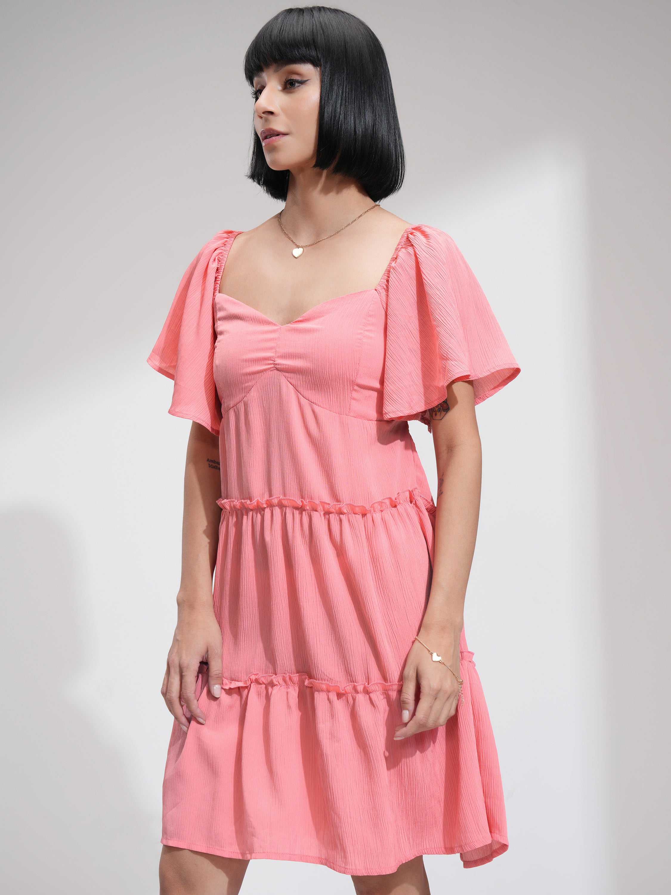 Tokyo Talkies Women Peach Solid Fit and Flare Dress - Peach - Image 4