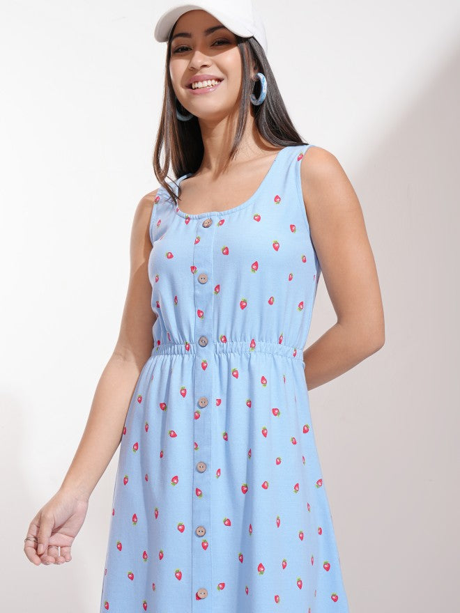 Tokyo Talkies Women Blue Printed Fit And Flare Dress - Blue - Image 1