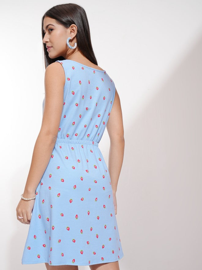 Tokyo Talkies Women Blue Printed Fit And Flare Dress - Blue - Image 3