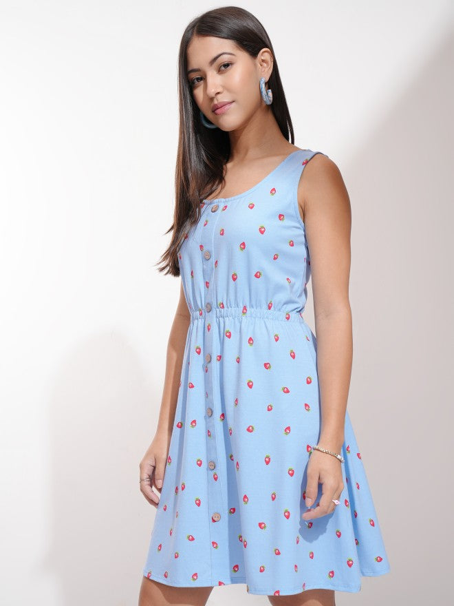 Tokyo Talkies Women Blue Printed Fit And Flare Dress - Blue - Image 4