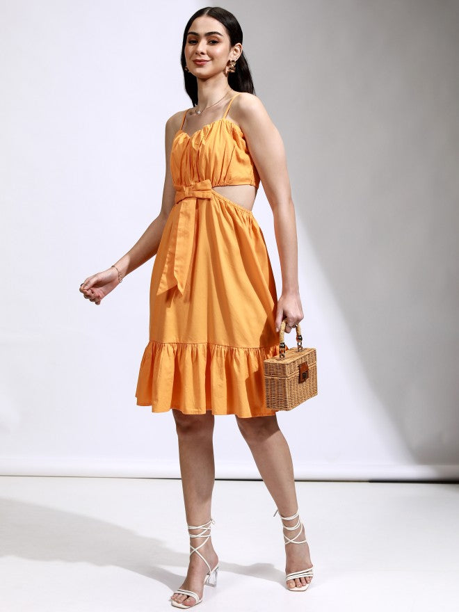 Tokyo Talkies Women Orange Solid Fit And Flare Dress - Orange - Image 2