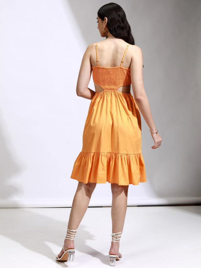 Tokyo Talkies Women Orange Solid Fit And Flare Dress - Orange - Image 3
