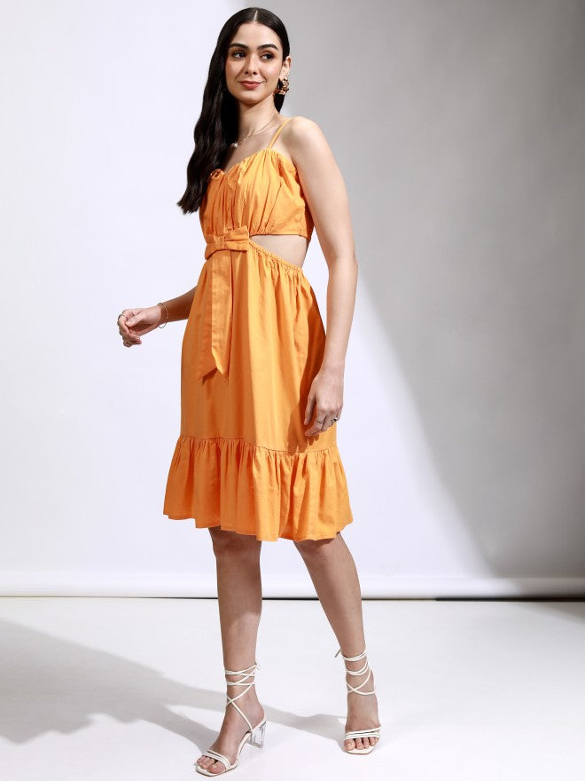 Tokyo Talkies Women Orange Solid Fit And Flare Dress - Orange - Image 4