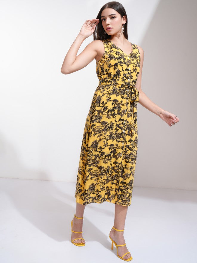 Tokyo Talkies Women Yellow Printed A-Line Dress - Yellow - Image 6