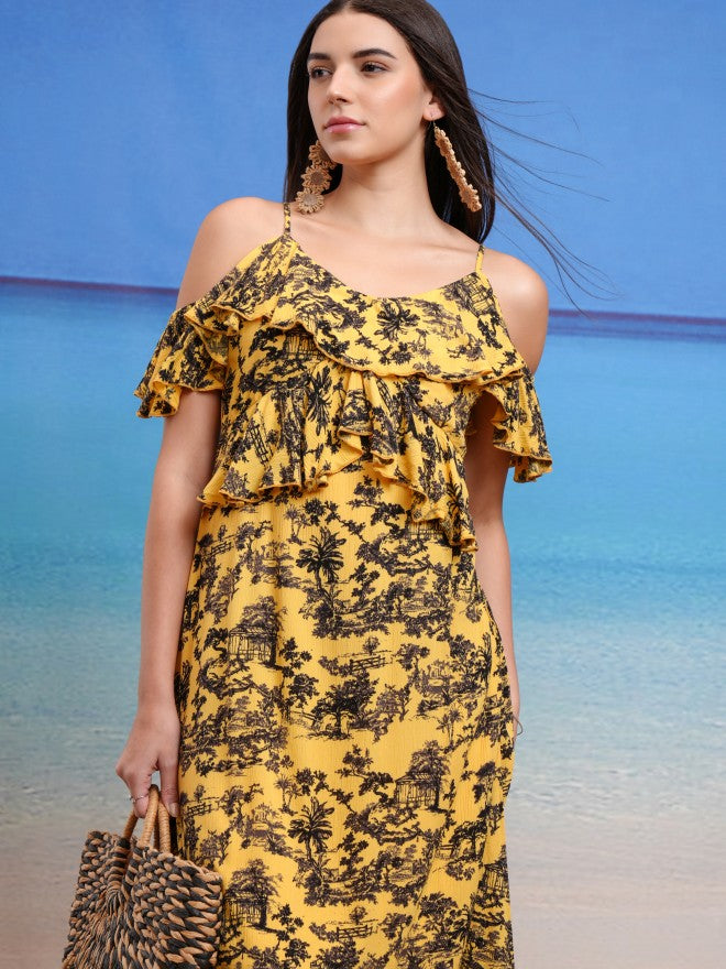 Tokyo Talkies Women Yellow Printed A-Line Dress - Yellow - Image 1