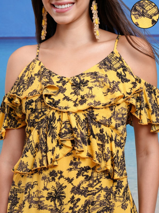 Tokyo Talkies Women Yellow Printed A-Line Dress - Yellow - Image 5