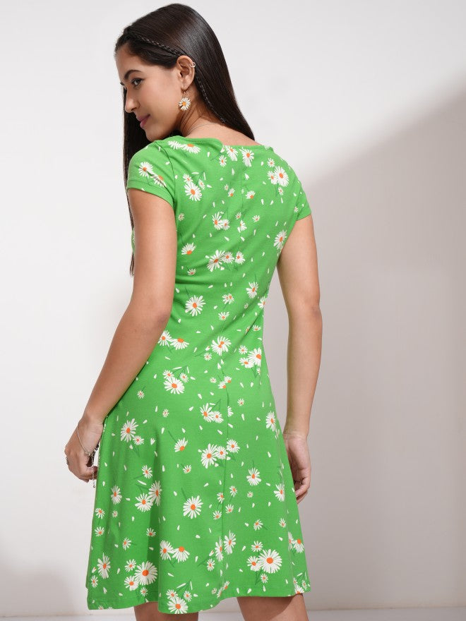 Tokyo Talkies Women Green Printed Fit And Flare Dress - Green - Image 3