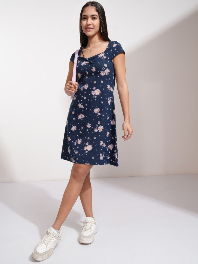 Tokyo Talkies Women Navy Blue Printed Fit And Flare Dress - Navy Blue - Image 2