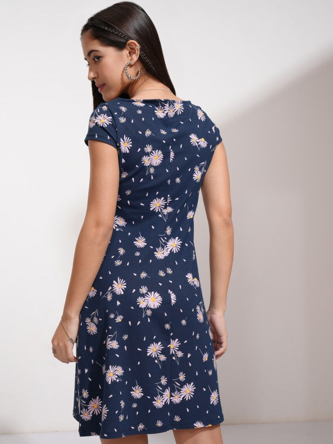 Tokyo Talkies Women Navy Blue Printed Fit And Flare Dress - Navy Blue - Image 3