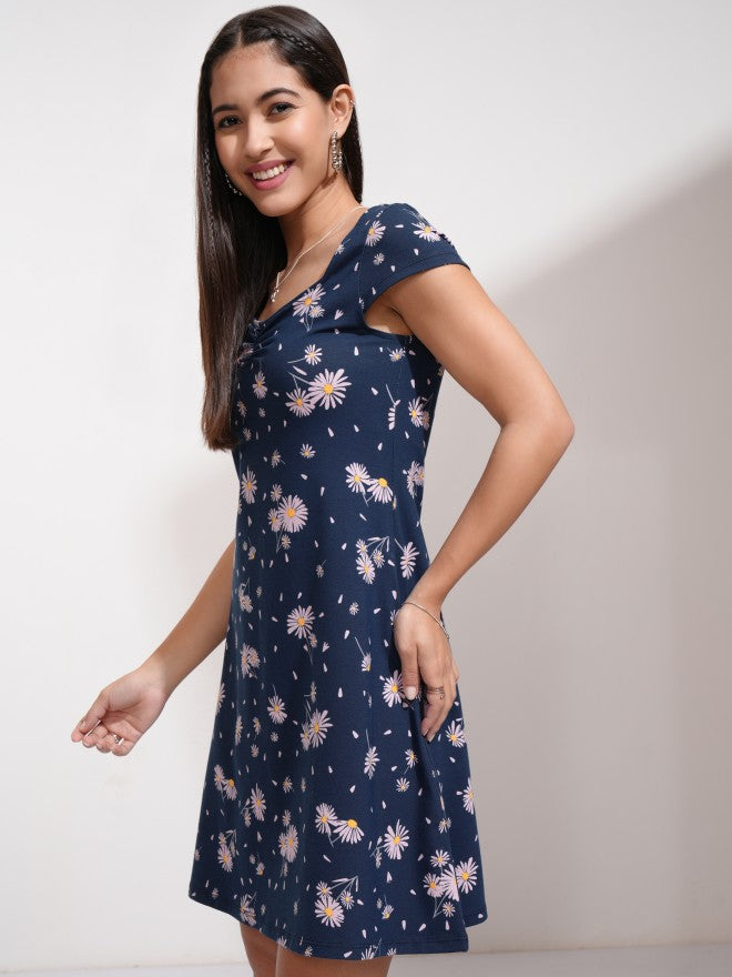 Tokyo Talkies Women Navy Blue Printed Fit And Flare Dress - Navy Blue - Image 4