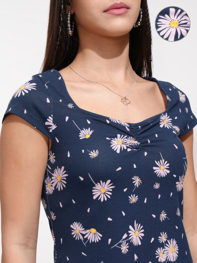 Tokyo Talkies Women Navy Blue Printed Fit And Flare Dress - Navy Blue - Image 5