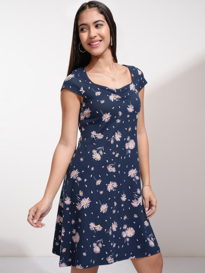 Tokyo Talkies Women Navy Blue Printed Fit And Flare Dress - Navy Blue - Image 6