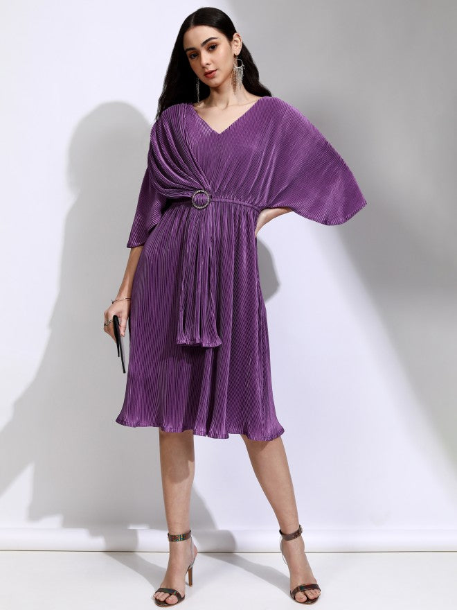 Tokyo Talkies Women Purple Solid Fit And Flare Dress - Purple - Image 2