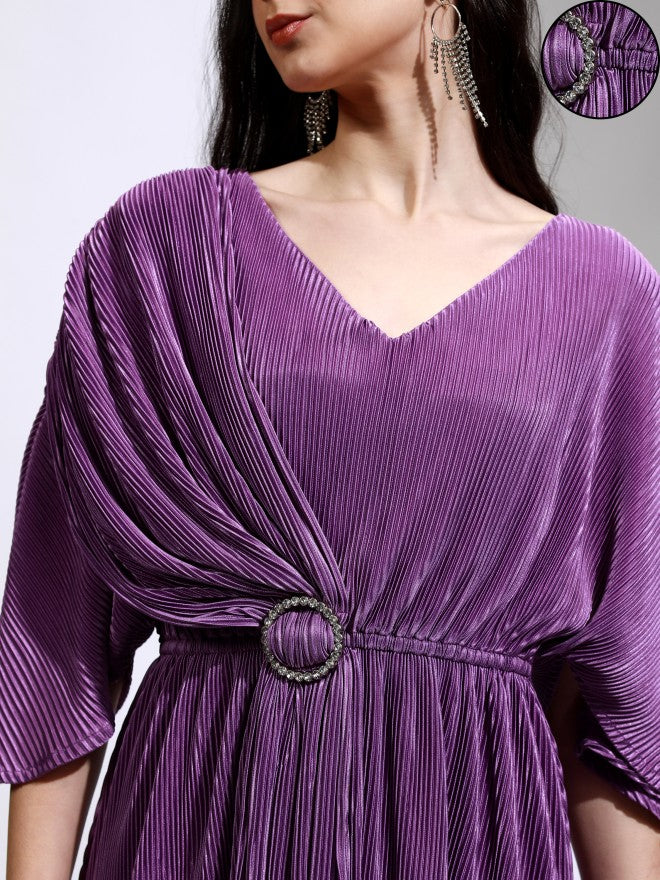 Tokyo Talkies Women Purple Solid Fit And Flare Dress - Purple - Image 5