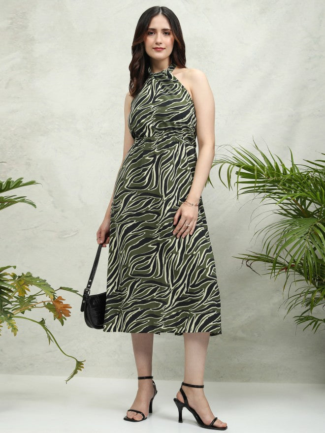 Tokyo Talkies Women Olive Printed A-Line Dress - Olive - Image 2