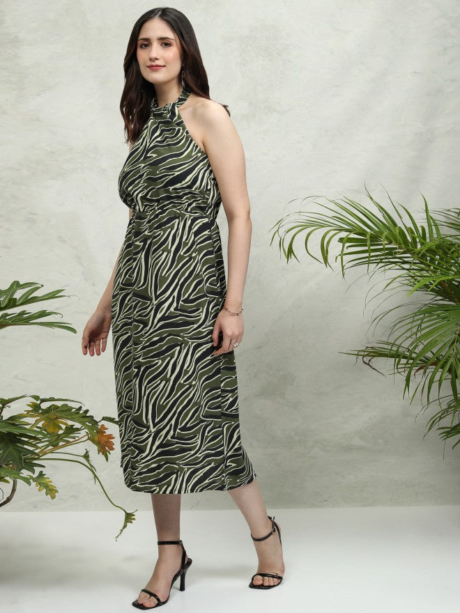 Tokyo Talkies Women Olive Printed A-Line Dress - Olive - Image 4
