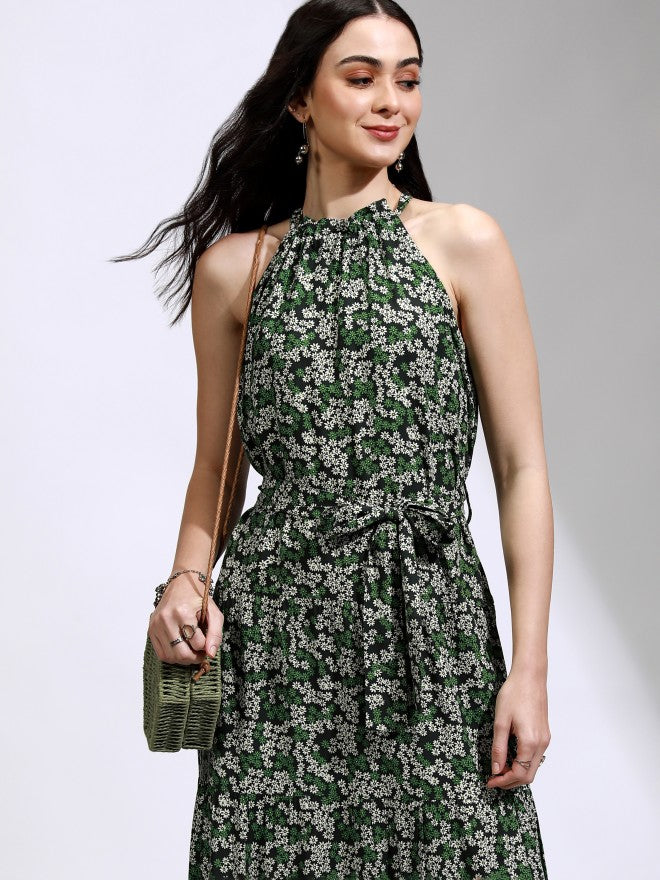 Tokyo Talkies Women Green Printed Fit And Flare Dress - Green - Image 1