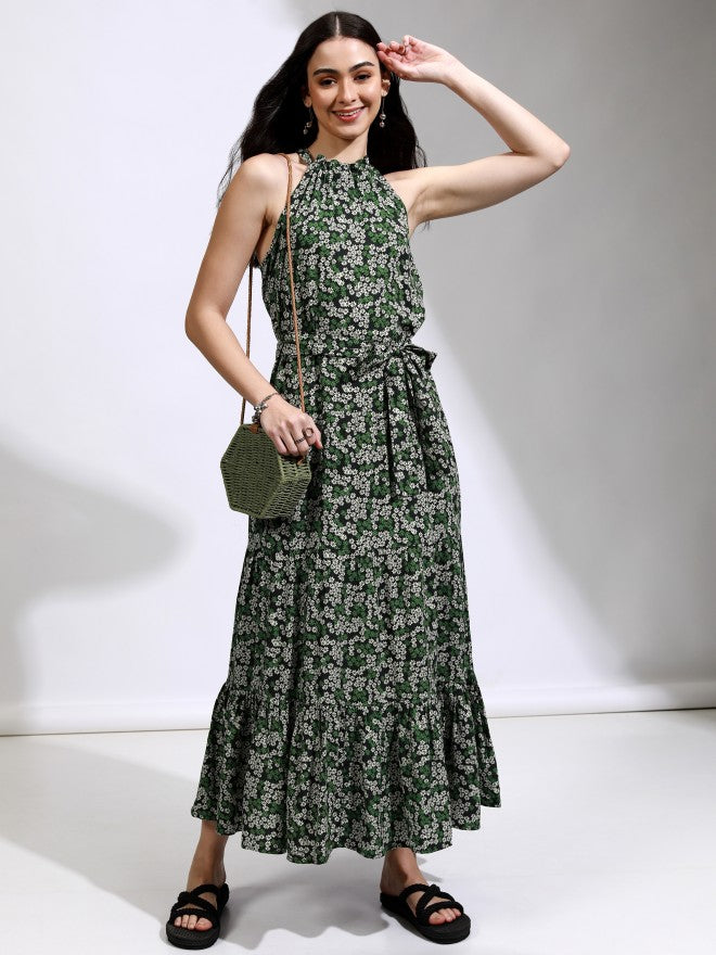 Tokyo Talkies Women Green Printed Fit And Flare Dress - Green - Image 2