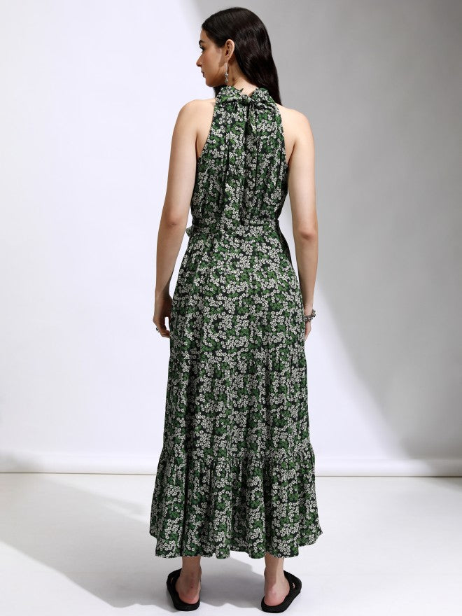 Tokyo Talkies Women Green Printed Fit And Flare Dress - Green - Image 3