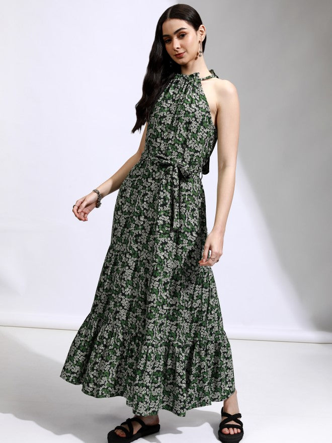 Tokyo Talkies Women Green Printed Fit And Flare Dress - Green - Image 4