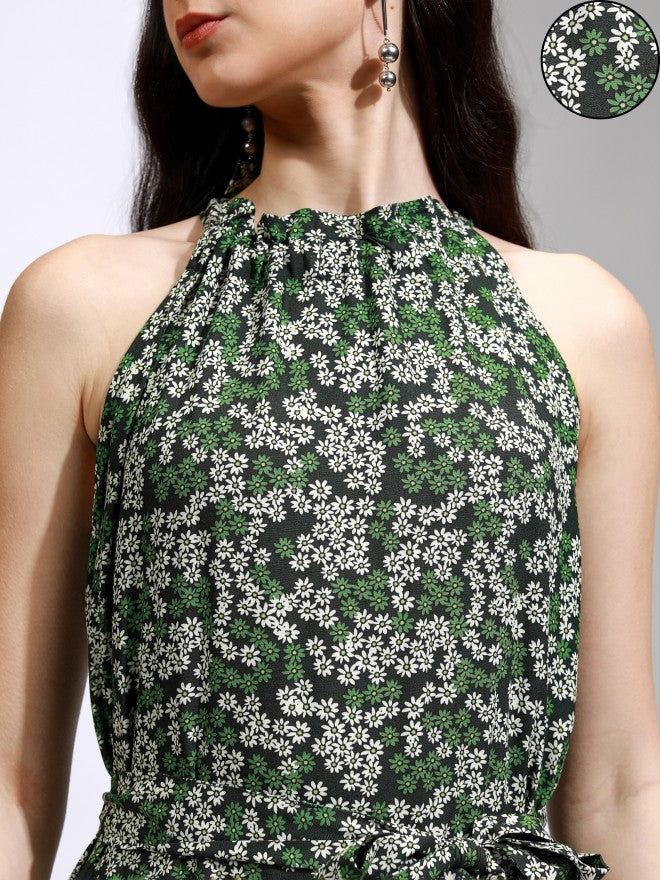 Tokyo Talkies Women Green Printed Fit And Flare Dress - Green - Image 5