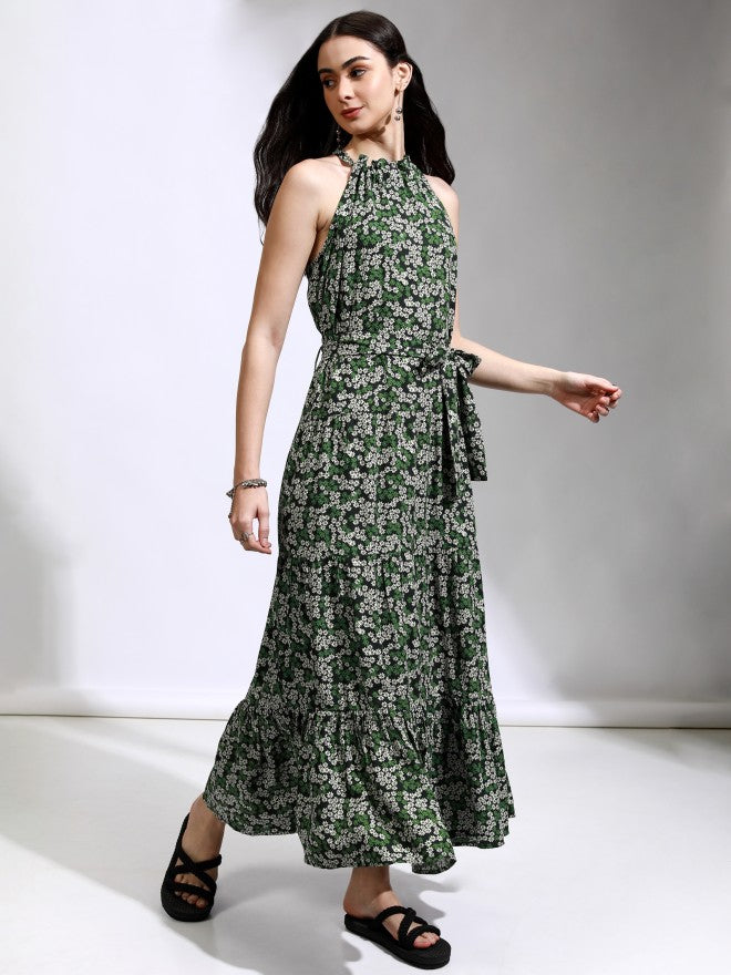 Tokyo Talkies Women Green Printed Fit And Flare Dress - Green - Image 6