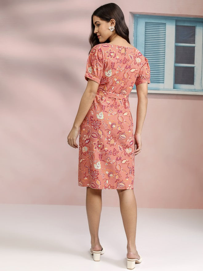 Tokyo Talkies Women Coral Printed A-Line Dress - Coral - Image 3