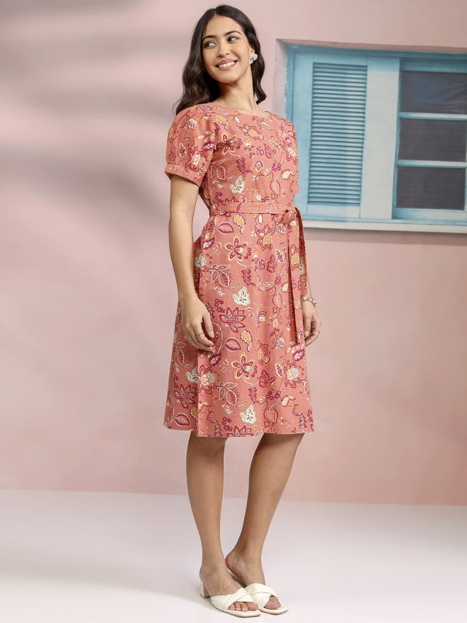 Tokyo Talkies Women Coral Printed A-Line Dress - Coral - Image 4