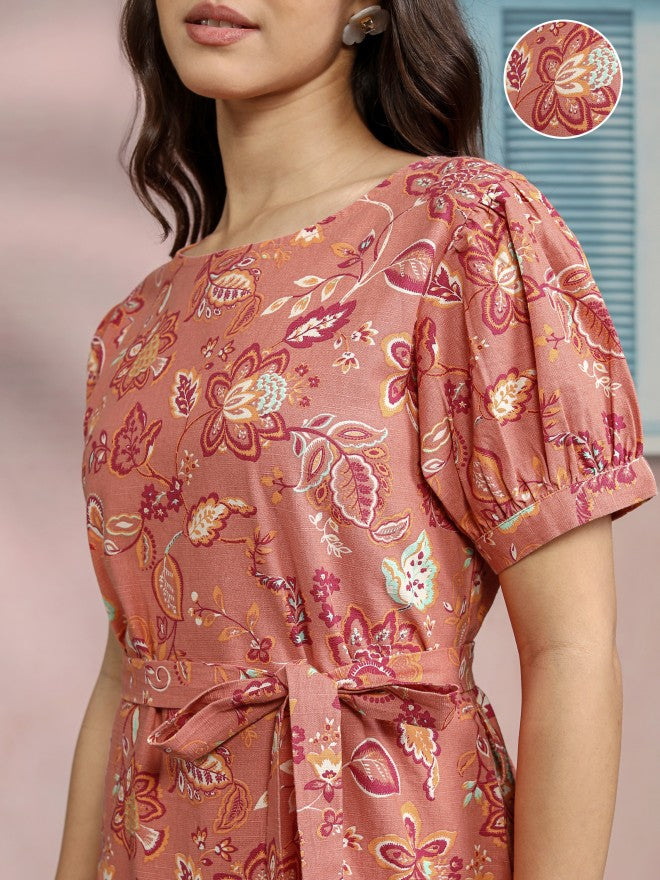 Tokyo Talkies Women Coral Printed A-Line Dress - Coral - Image 5