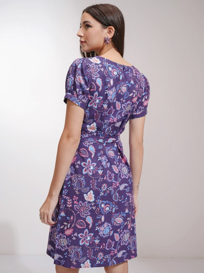 Tokyo Talkies Women Purple Printed A-Line Dress - Purple - Image 3